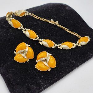 Vintage Amber Colored Thermoplast Bead Leaf Choker Necklace & Clip Earrings Set